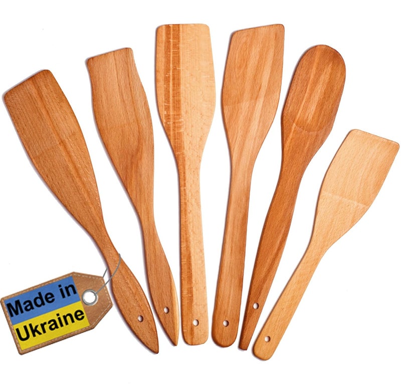 ECOSALL 6 Wooden Spoons for Cooking â€“ Made in Ukraine 100% Natural Healthy Nonstick Wooden Spatula Spoons - Premium Solid Wood Cooking Utensils Set - Strong, Durable Eco Hardwood Beechwood Spoons Set - Image 1